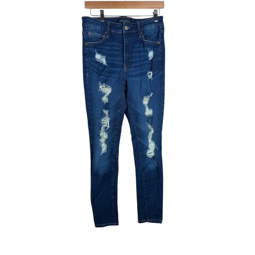 Aeropostale Women's Super High Rise Distressed Jeggings size 4 Medium Blue Wash
